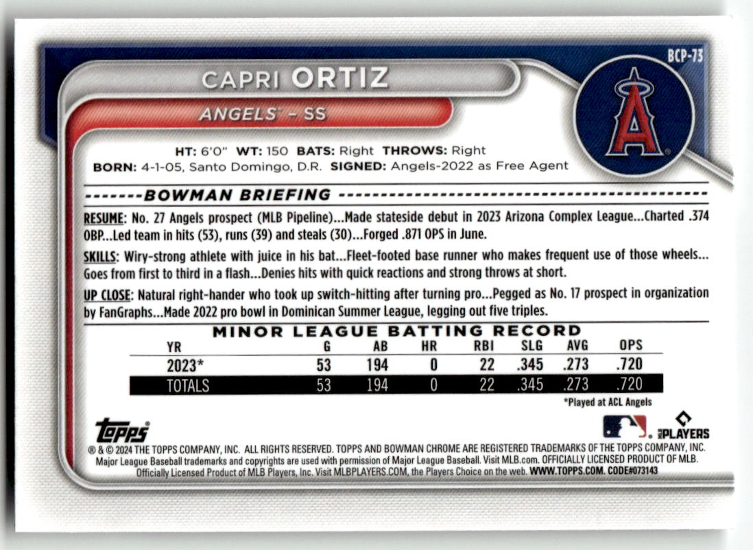 2024 Bowman #BCP-73 Capri Ortiz Chrome Prospects