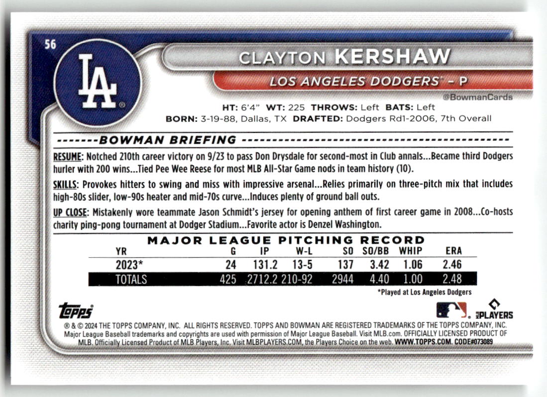 2024 Bowman #56 Clayton Kershaw