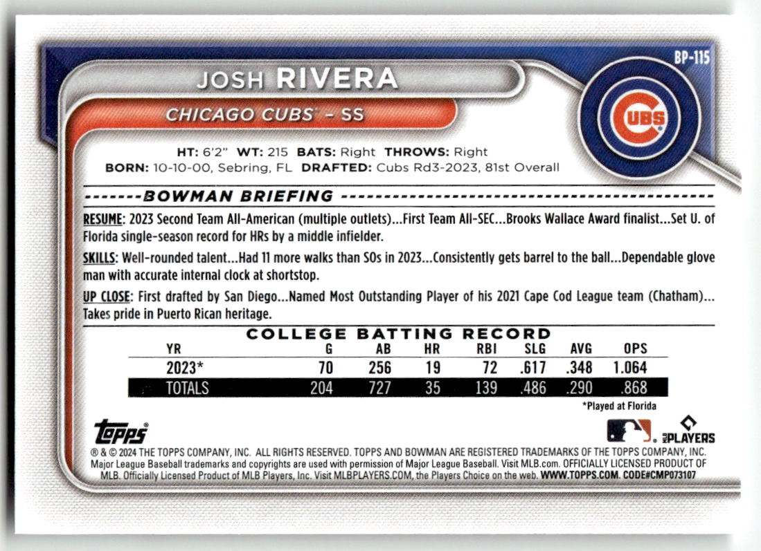 2024 Bowman #BP-115 Josh Rivera Prospects