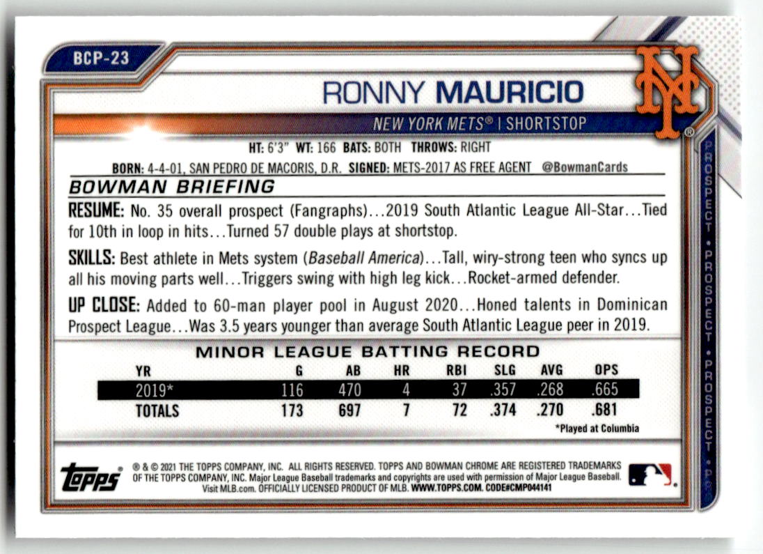 2021 Bowman #BCP-23 Ronny Mauricio Chrome Prospects