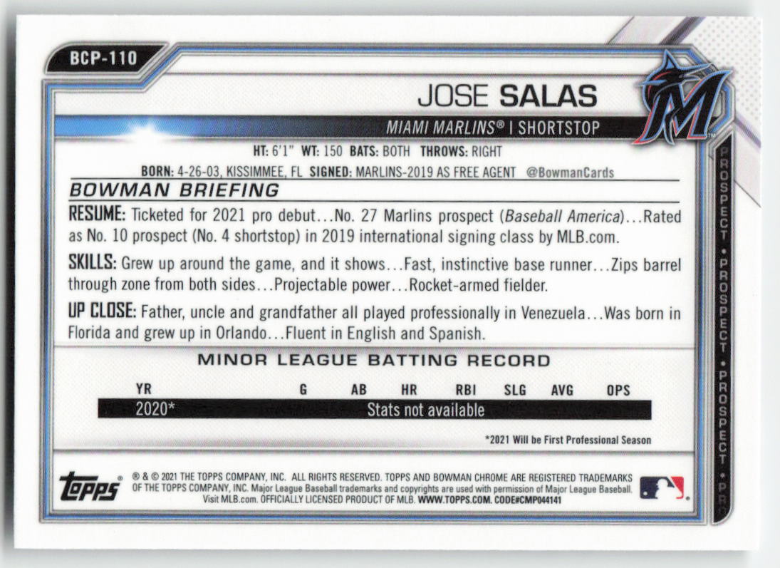 2021 Bowman #BCP-110 Jose Salas Chrome Prospects