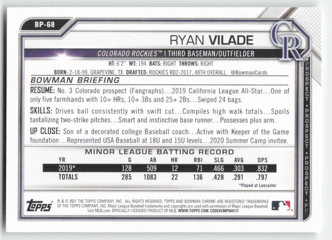 2021 Bowman #BP-68 Ryan Vilade Prospects