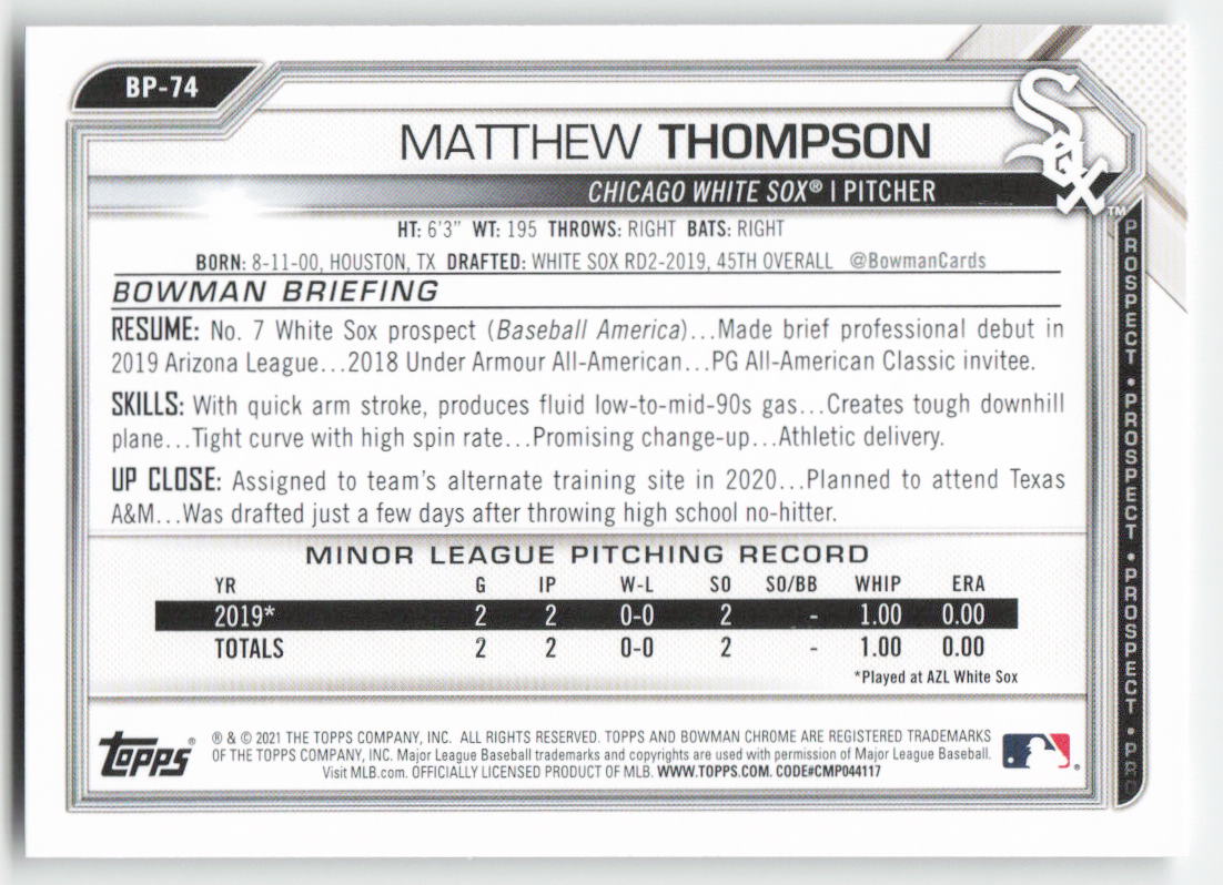 2021 Bowman #BP-74 Matthew Thompson Prospects