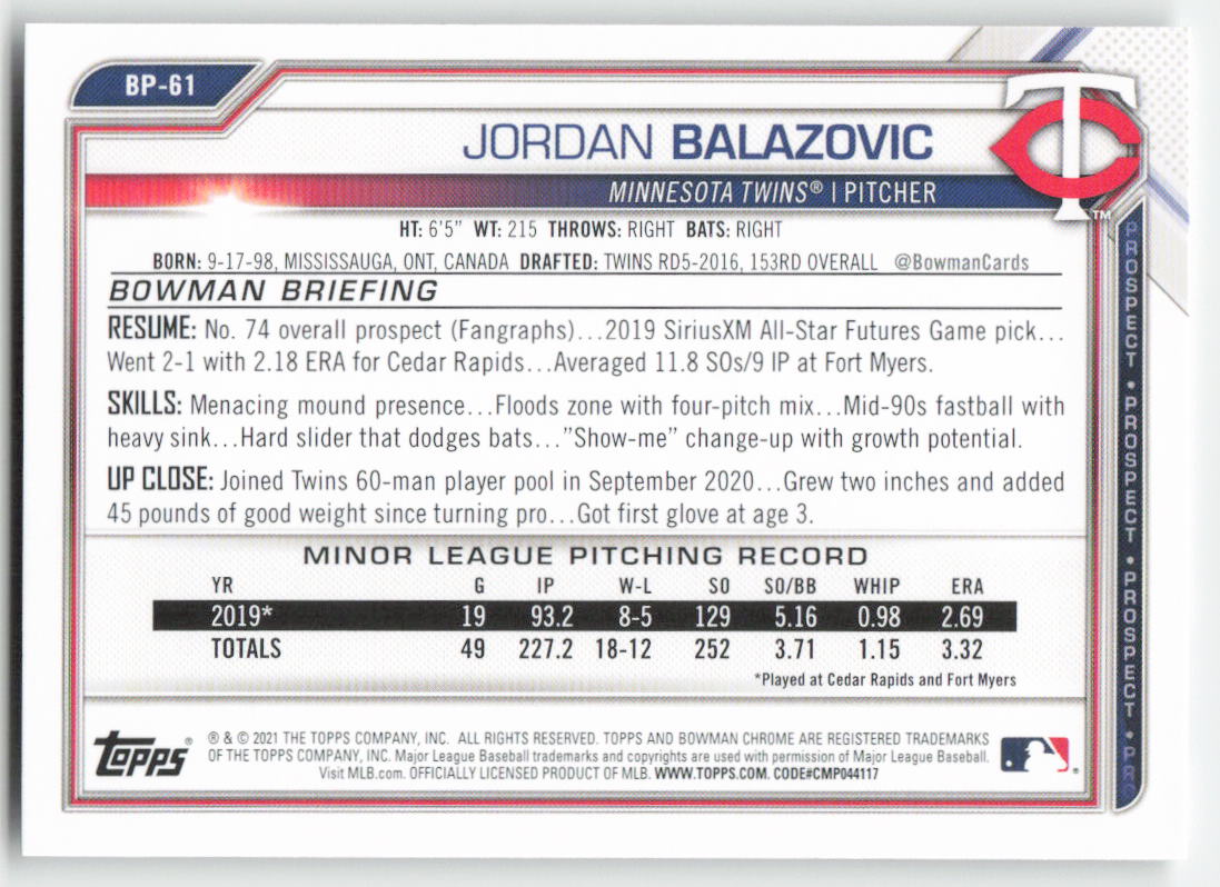 2021 Bowman #BP-61 Jordan Balazovic Prospects
