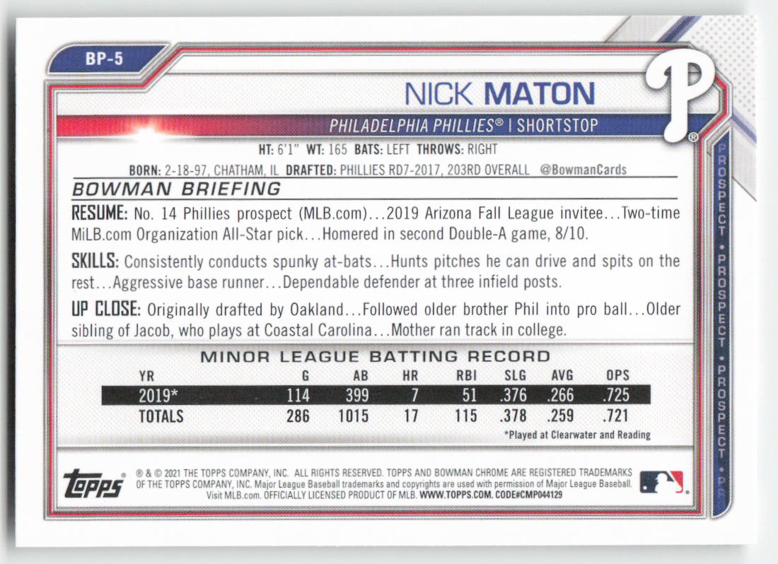2021 Bowman #BP-5 Nick Maton Prospects