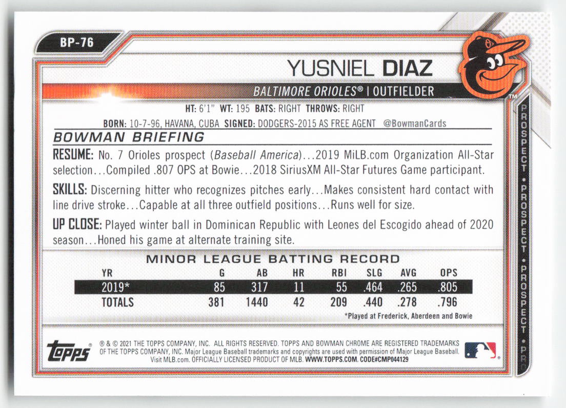 2021 Bowman #BP-76 Yusniel Diaz Prospects