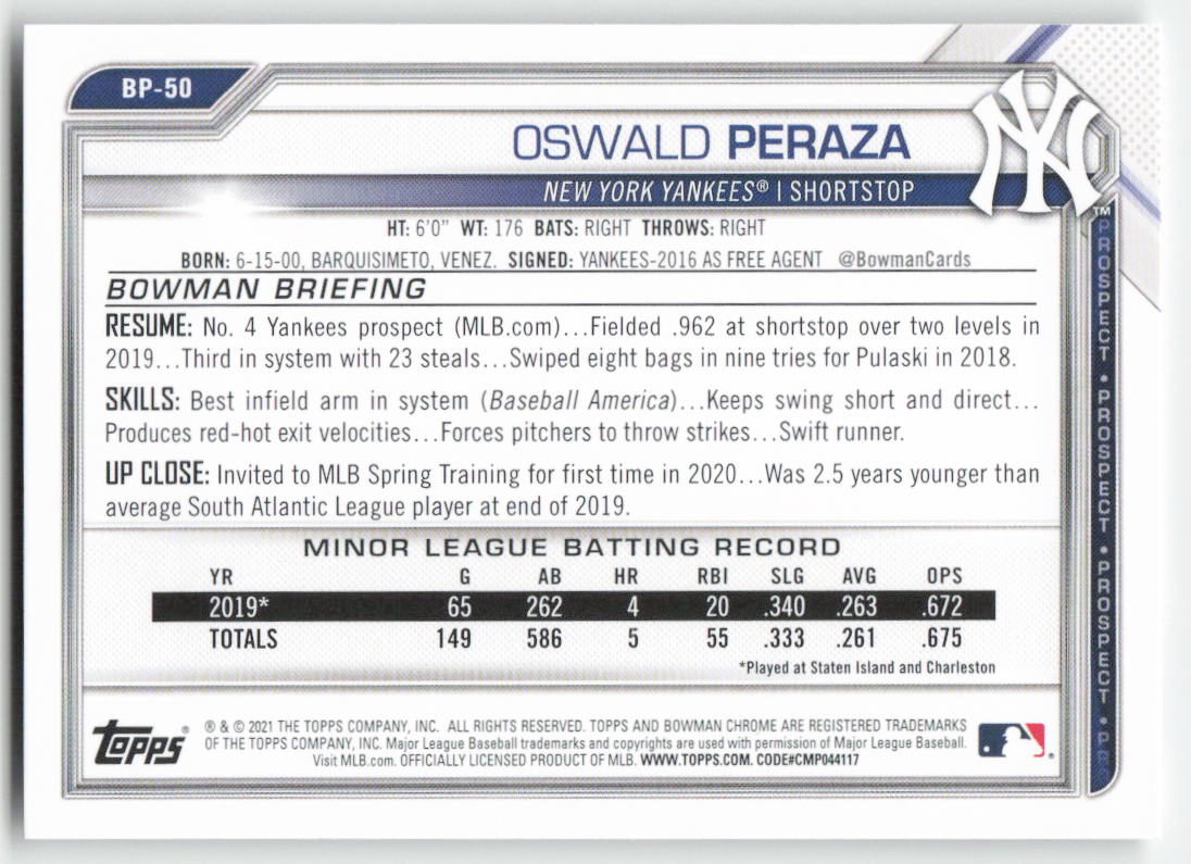 2021 Bowman #BP-50 Oswald Peraza Prospects