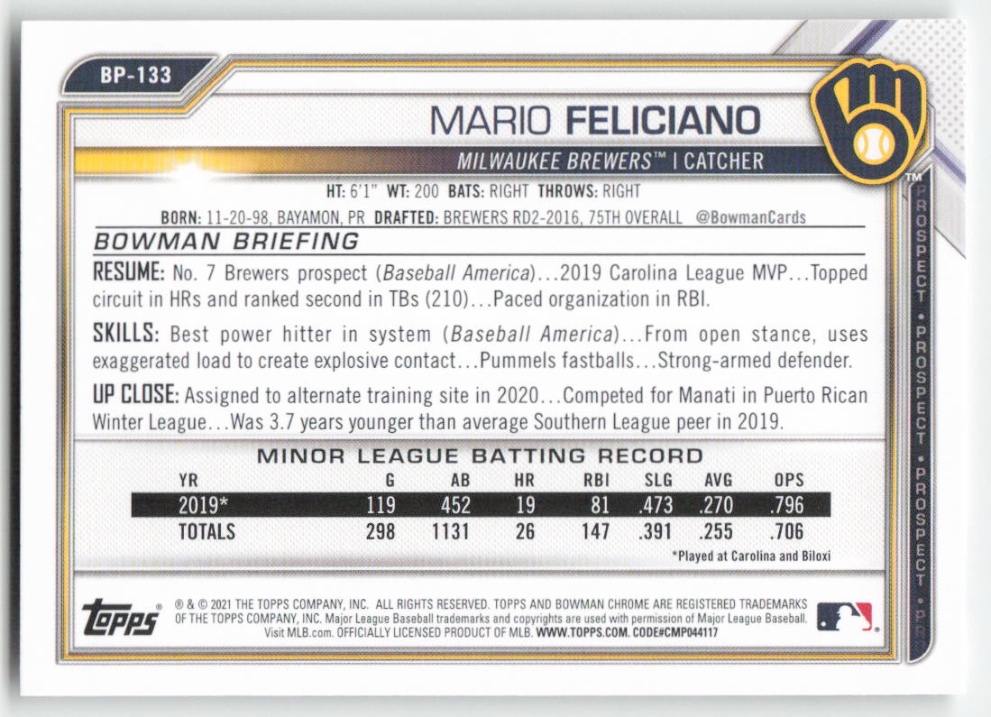 2021 Bowman #BP-133 Mario Feliciano Prospects