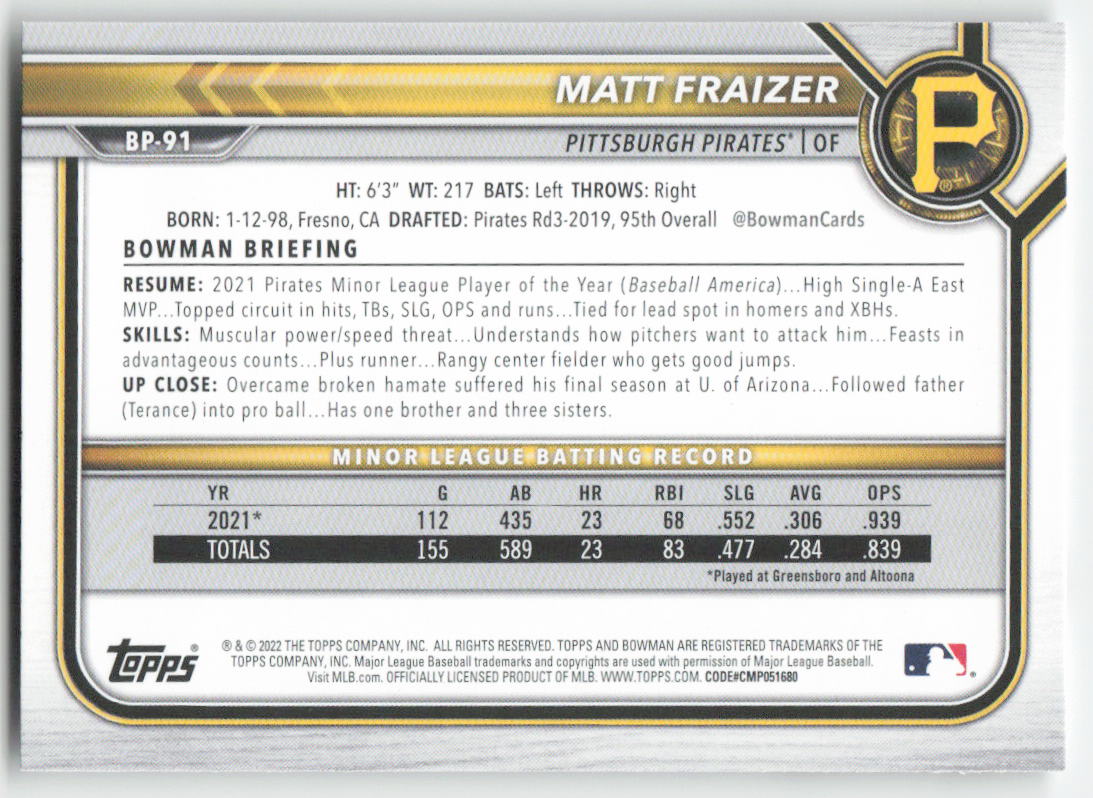 2022 Bowman #BP-91 Matt Fraizer Prospect