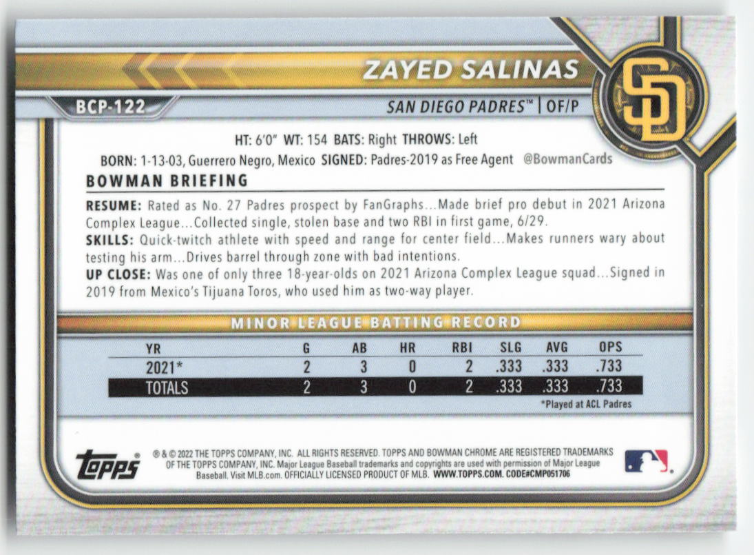 2022 Bowman #BCP-122 Zayed Salinas Chrome Prospects