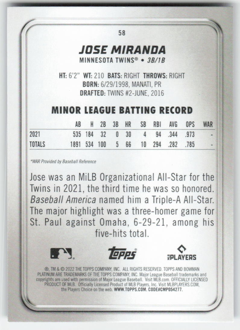 2022 Bowman Platinum #58 Jose Miranda