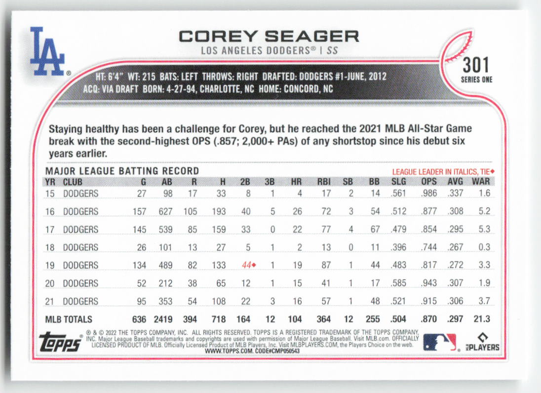 2022 Topps #301 Corey Seager