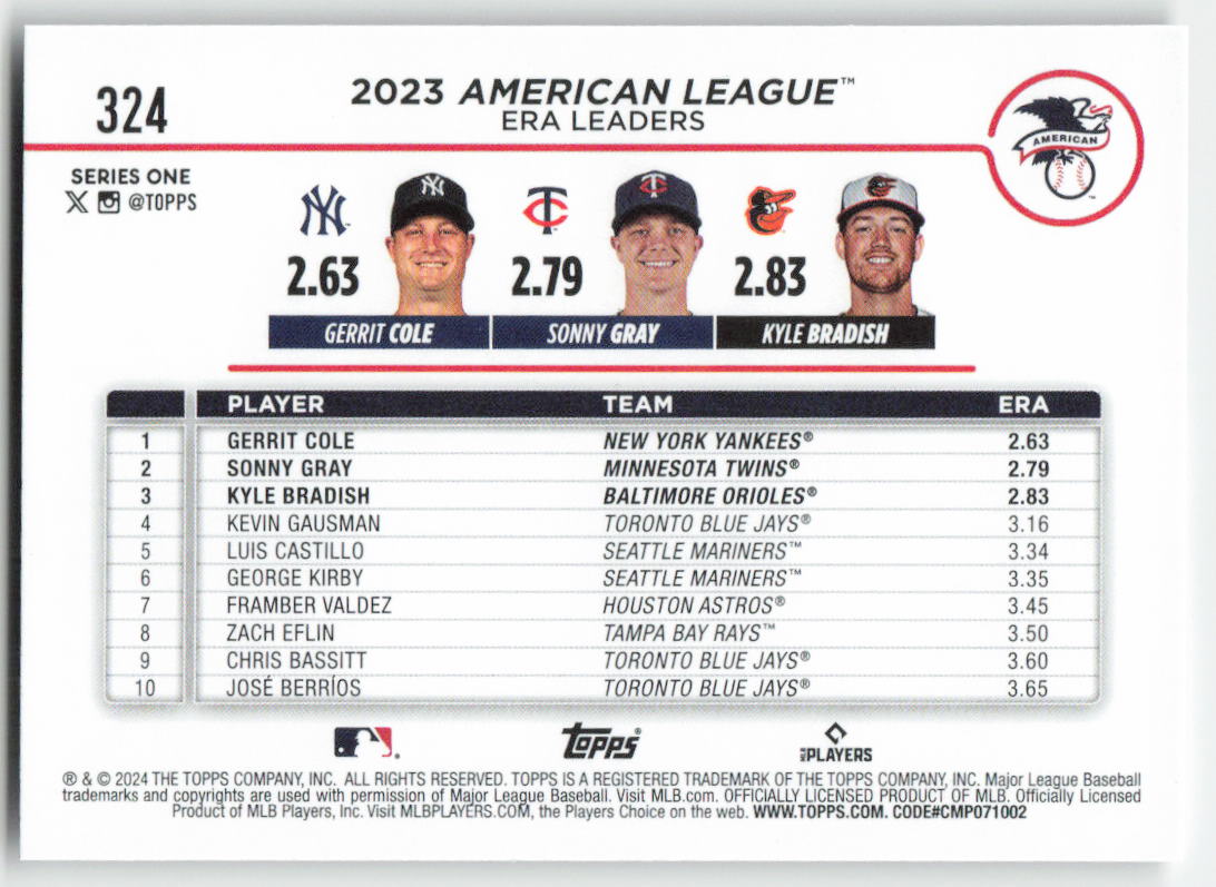 2024 Topps #324 AL Leaders ERA (Gerrit Cole / Sonny Gray / Kyle Bradish) LL