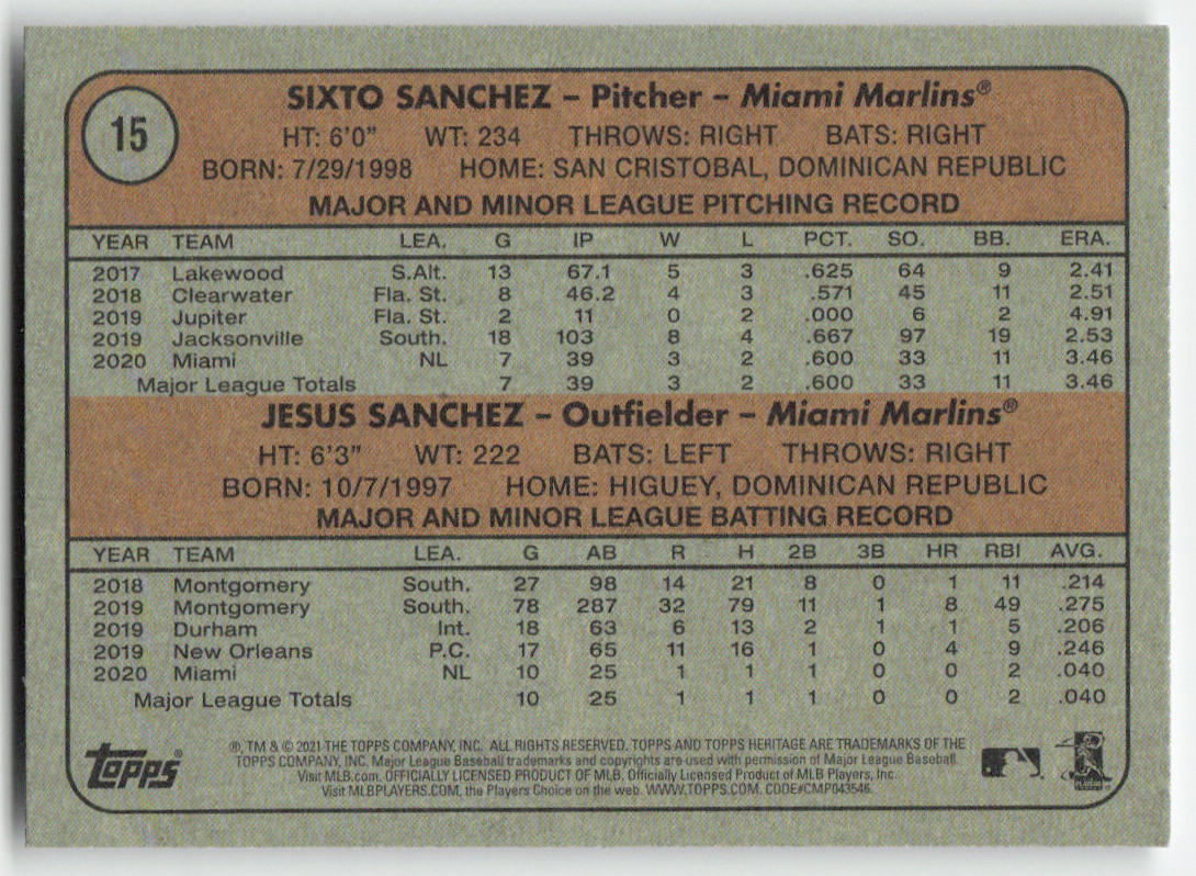 2021 Topps Heritage #15 Marlins Rookie Stars (Sixto Sanchez / Jesus Sanchez)