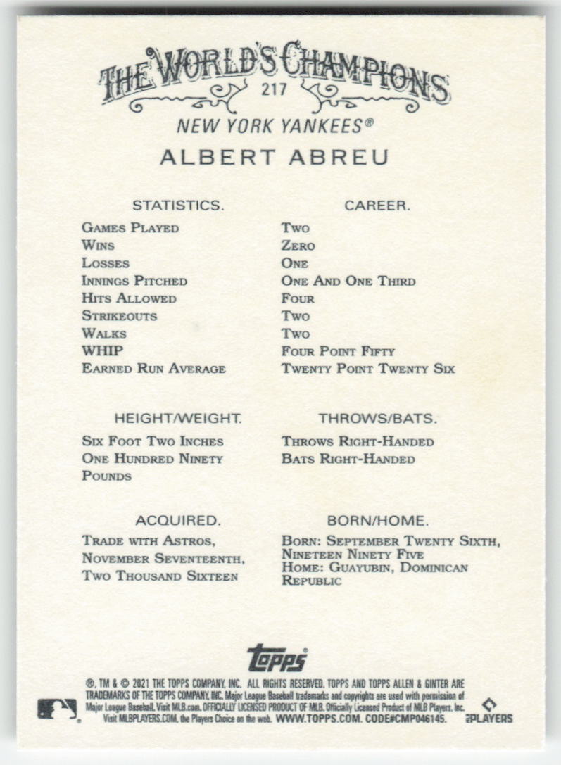 2021 Topps Allen & Ginter #217 Albert Abreu