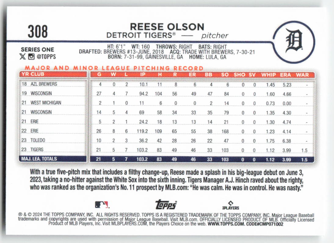 2024 Topps #308 Reese Olson Detroit Tigers Rookie 560