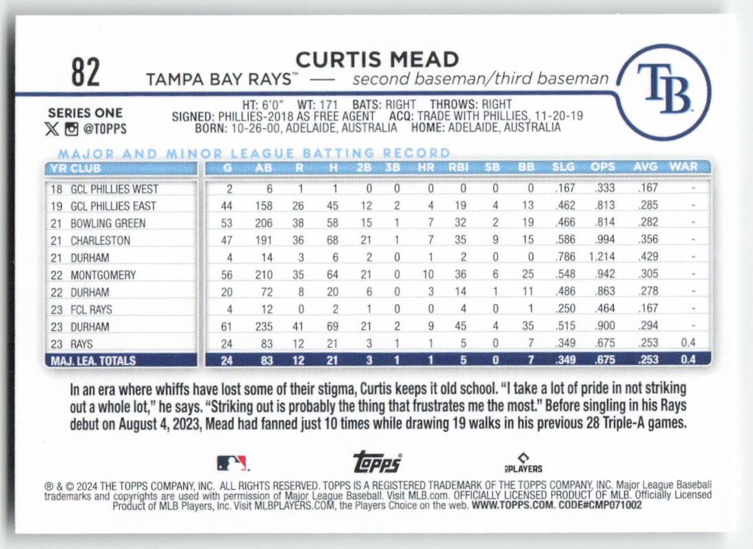2024 Topps #82 Curtis Mead Tampa Bay Rays Rookie 565