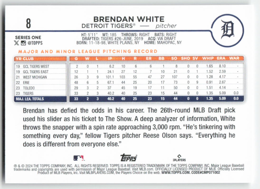 2024 Topps #8 Brendan White Detroit Tigers Rookie 568