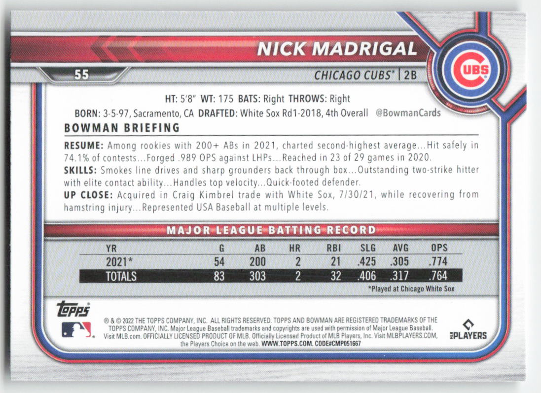 2022 Bowman #55 Nick Madrigal Chicago Cubs 582