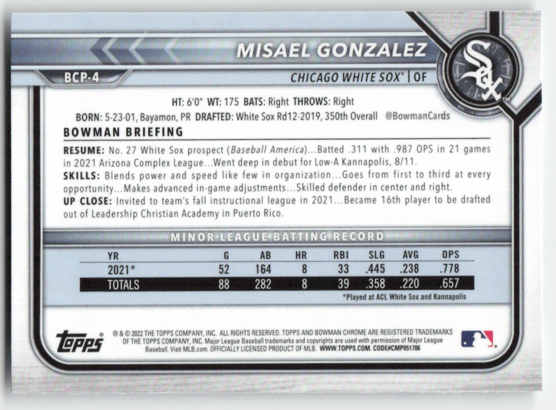2022 Bowman Chrome #BCP-4 Misael Gonzalez Prospects Chicago White Sox 590