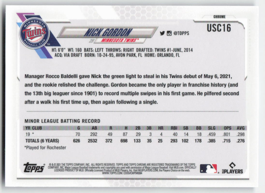 2021 Topps Chrome Update #USC16 Nick Gordon Purple Refractor Minnesota Twins 599