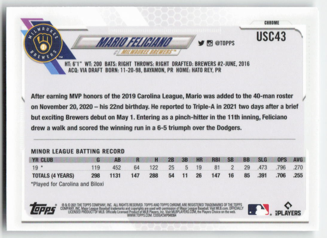 2021 Topps Chrome Update #USC43 Mario Feliciano Milwaukee Brewers Rookie 600