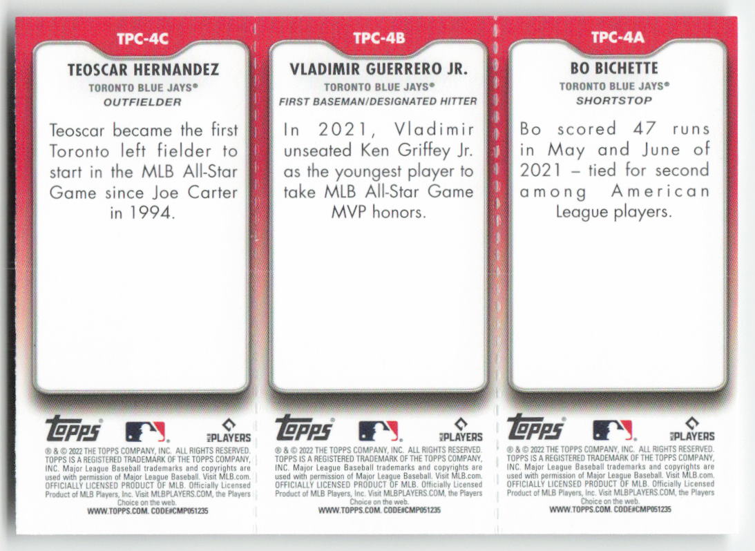 2022 Topps Opening Day #TPC-4A Bichette/ Guerrero Jr./ Hernandez Blue Jays 606