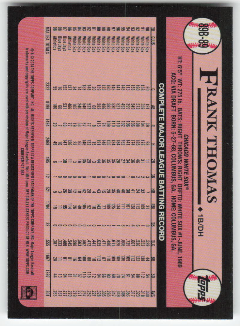 2024 Topps #89B-89 Frank Thomas 1989 Topps Baseball 35th Anniv. White Sox 608
