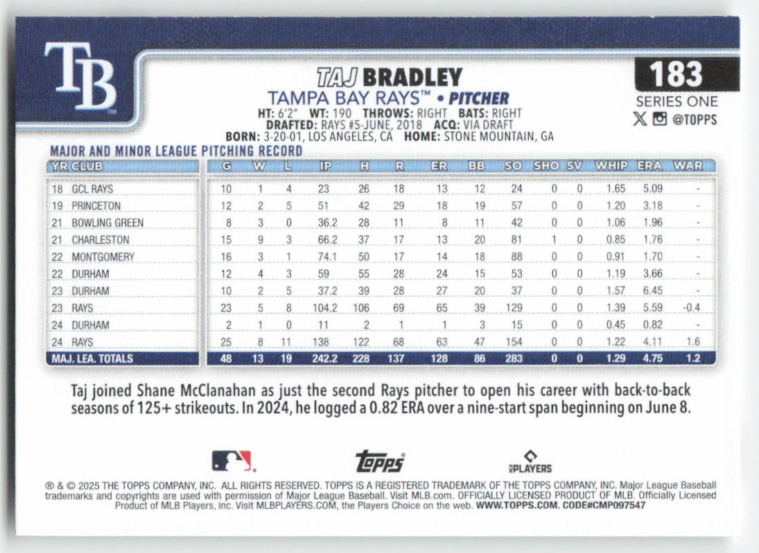 2025 Topps #183 Taj Bradley Tampa Bay Rays 690