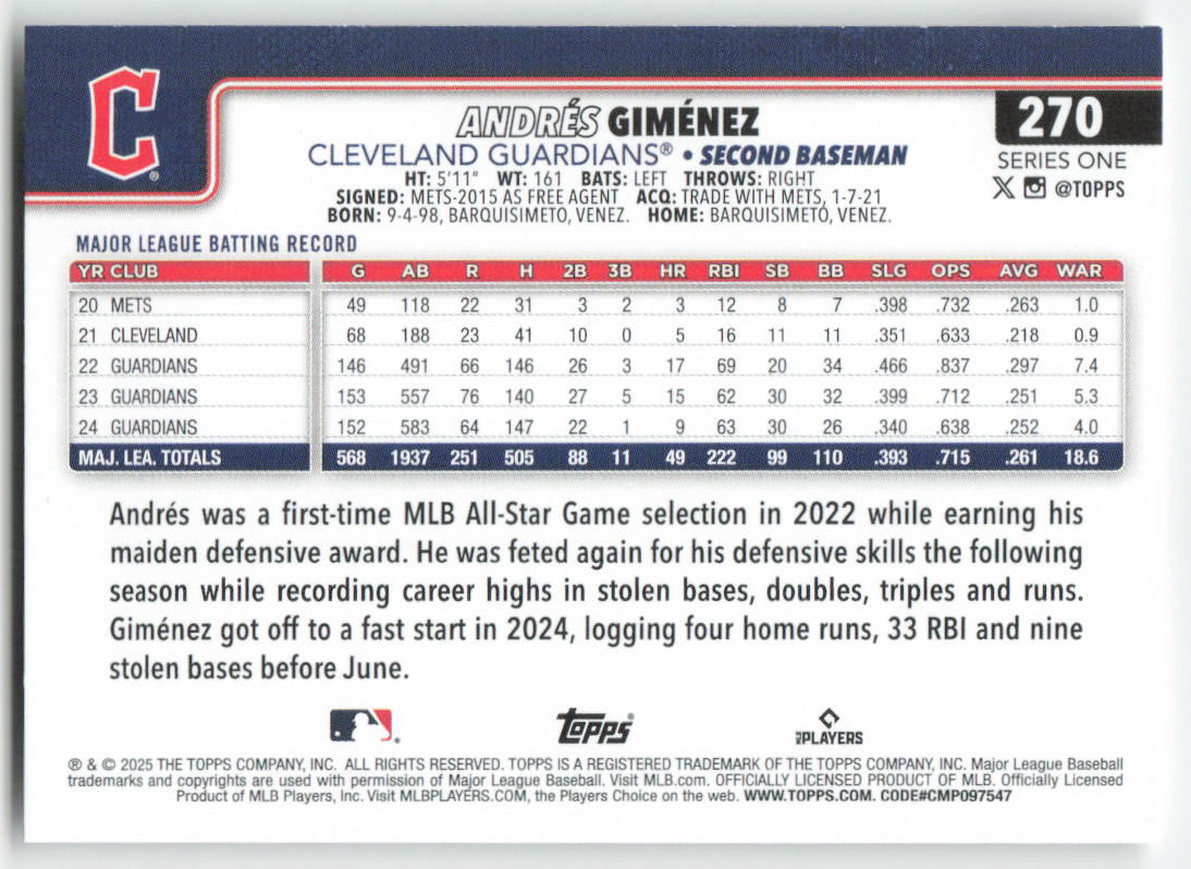 2025 Topps #270 Andrés Giménez Cleveland Guardians 700