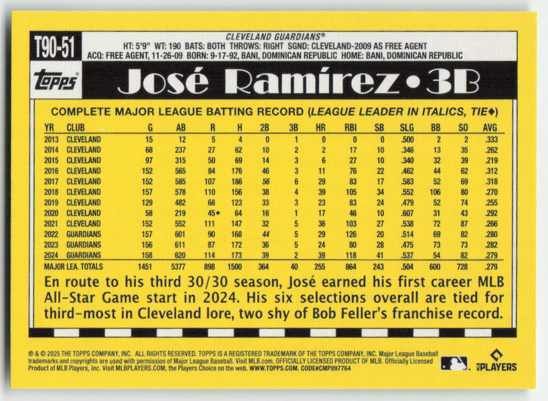 2025 Topps #T90-51 José Ramírez 1990 35th Anniversary Cleveland Guardians 761