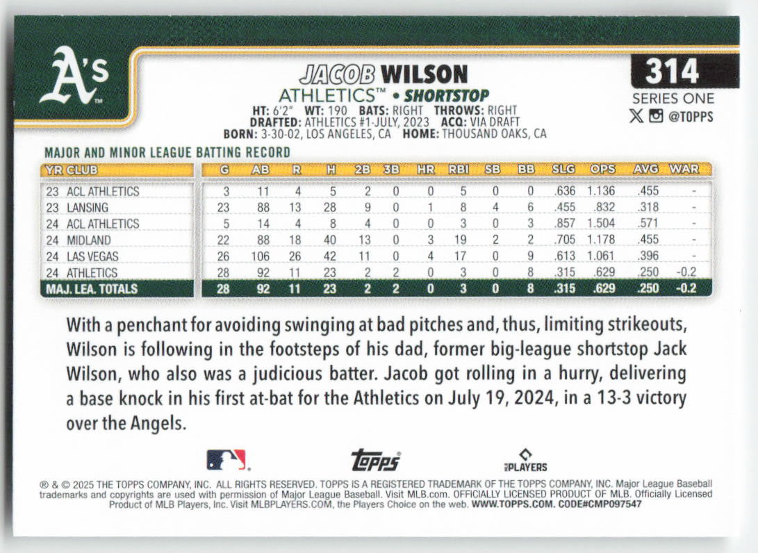 2025 Topps #314 Jacob Wilson Athletics Rookie 768