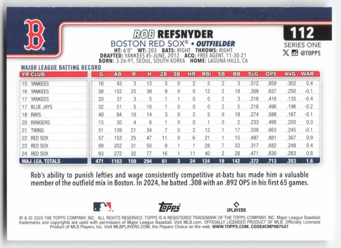 2025 Topps #112 Rob Refsnyder Boston Red Sox 774