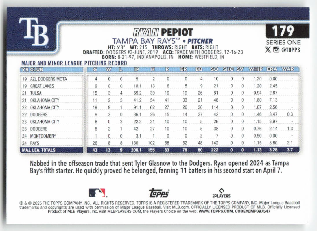 2025 Topps #179 Ryan Pepiot Tampa Bay Rays 778
