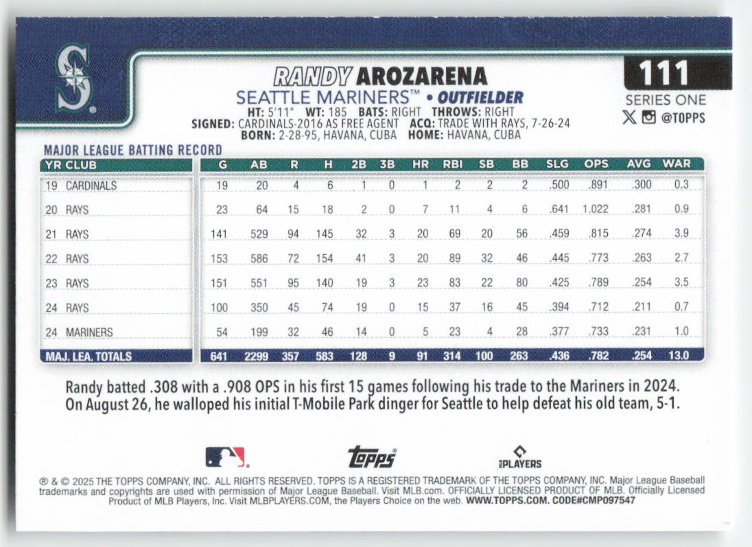2025 Topps #111 Randy Arozarena Seattle Mariners 792