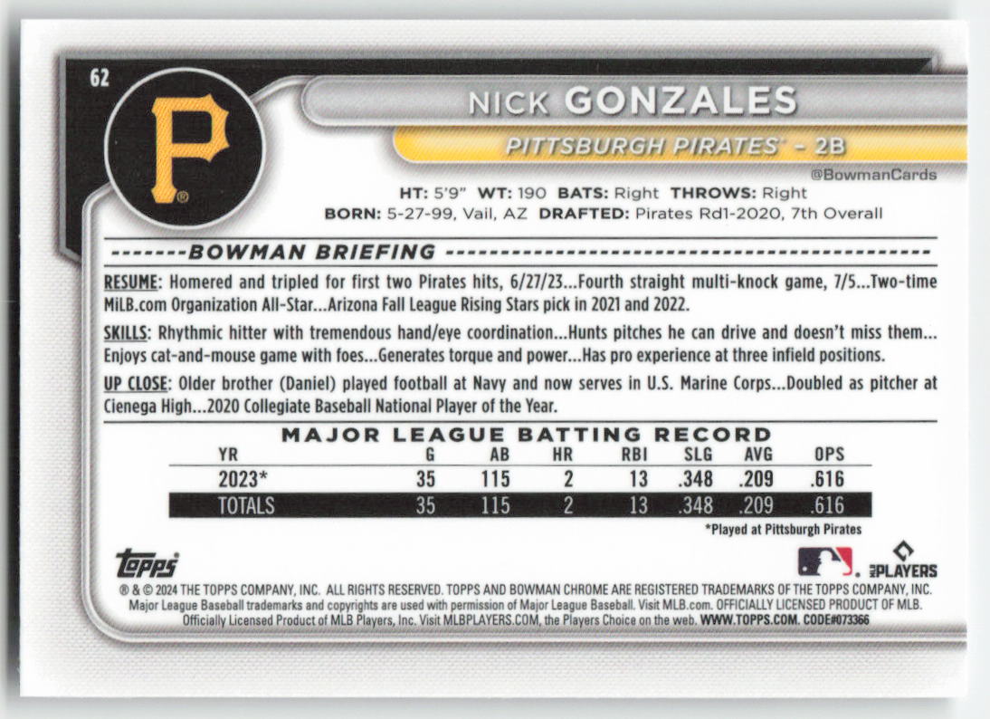 2024 Bowman #62 Nick Gonzales Chrome Mojo Refractors Pittsburgh Pirates 886