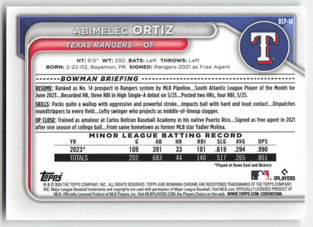 2024 Bowman #BCP-16 Abimelec Ortiz Chrome Prospects Mojo Refractors Rangers 887