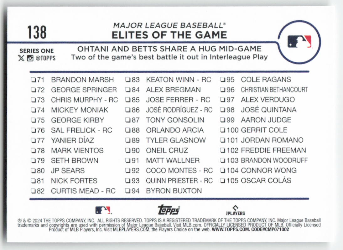 2024 Topps #138 Elites of the Game: Ohtani and Betts Share a Hug Mid-Game 916