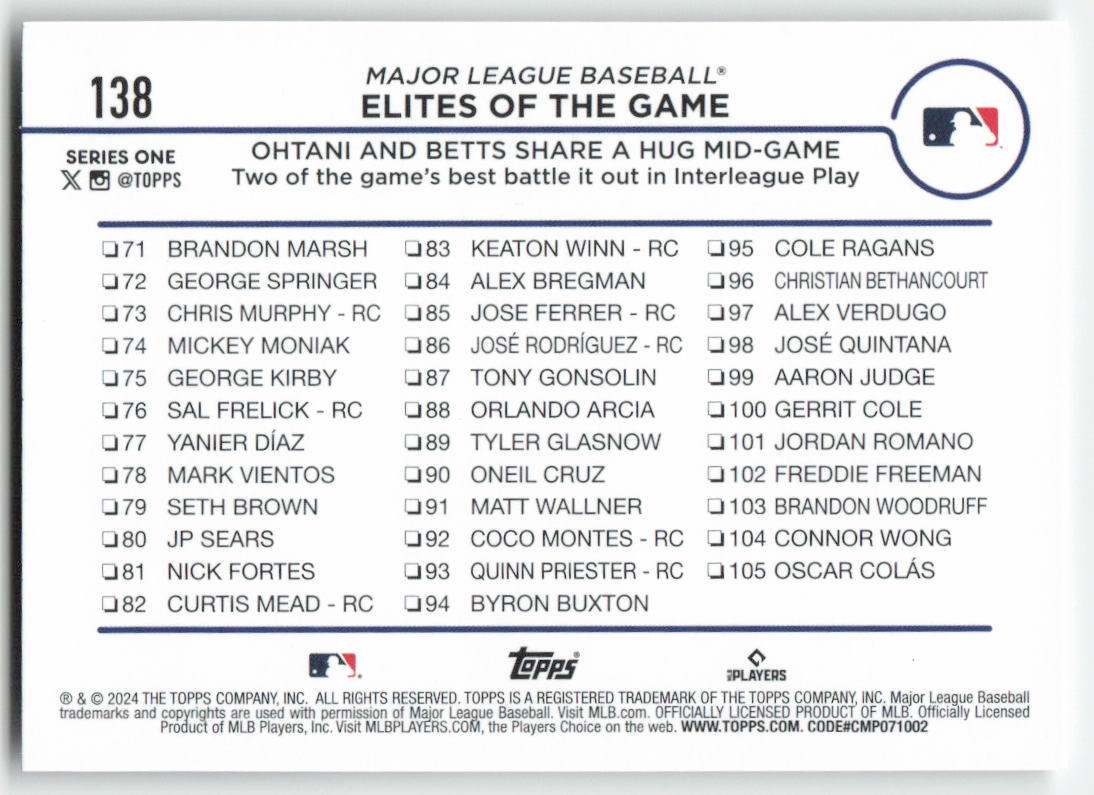 2024 Topps #138 Elites of the Game: Ohtani and Betts Share a Hug Mid-Game 920