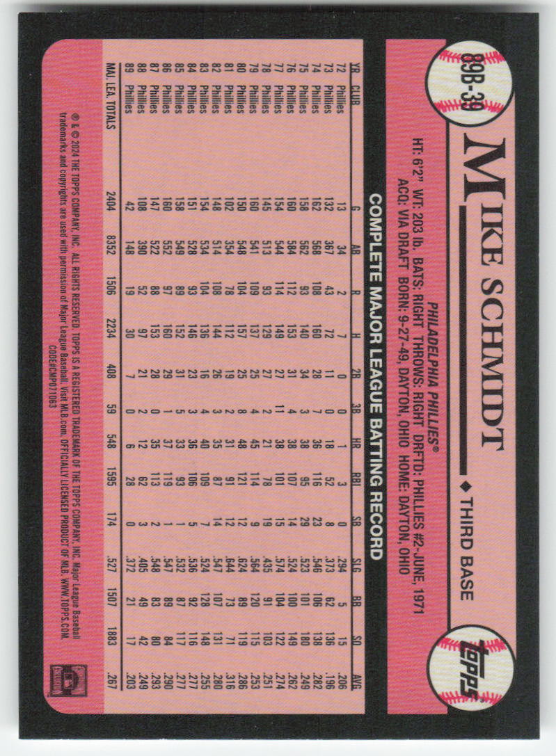 2024 Topps #89B-39 Mike Schmidt 1989 Baseball 35th Anniv Phillies 931