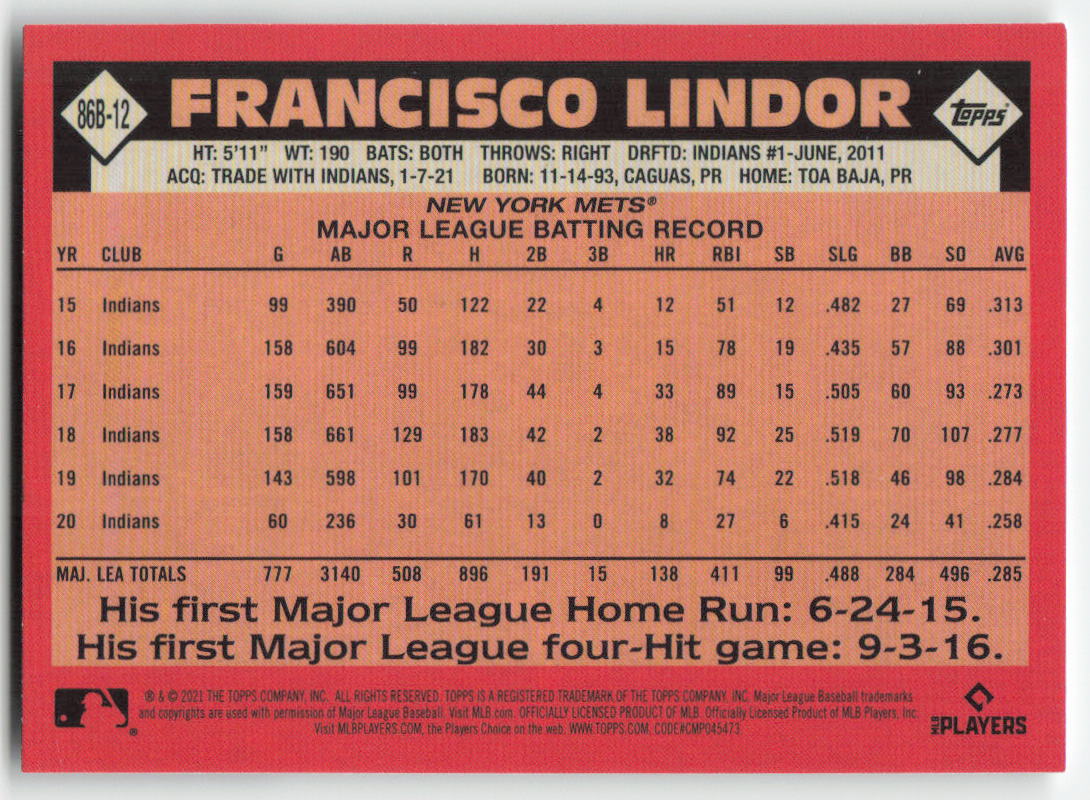 2021 Topps #86B-12 Francisco Lindor 1986 Baseball 35th Anniv New York Mets 939