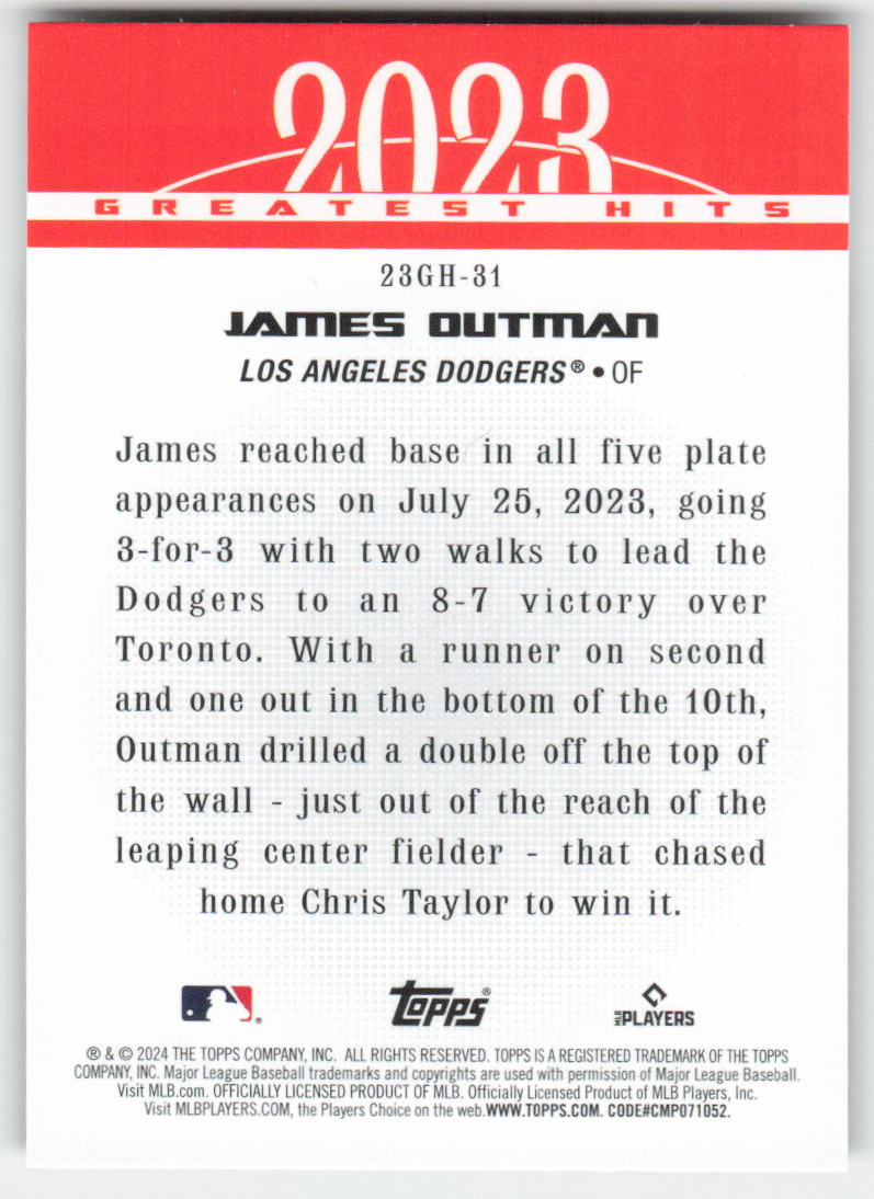 2024 Topps #23GH-31 James Outman 2023 Greatest Hits Los Angeles Dodgers 956