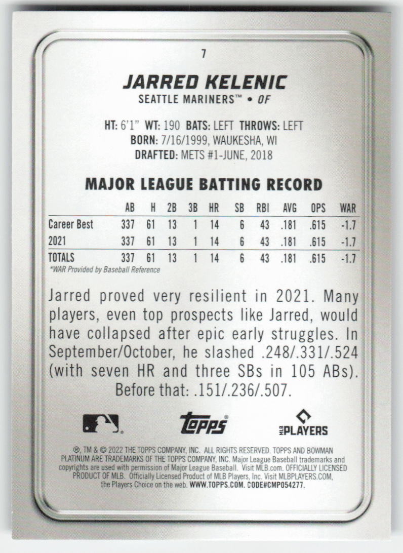 2022 Bowman Platinum #7 Jarred Kelenic Seattle Mariners 960