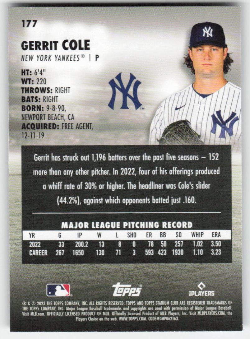 2023 Stadium Club #177 Gerrit Cole New York Yankees 970