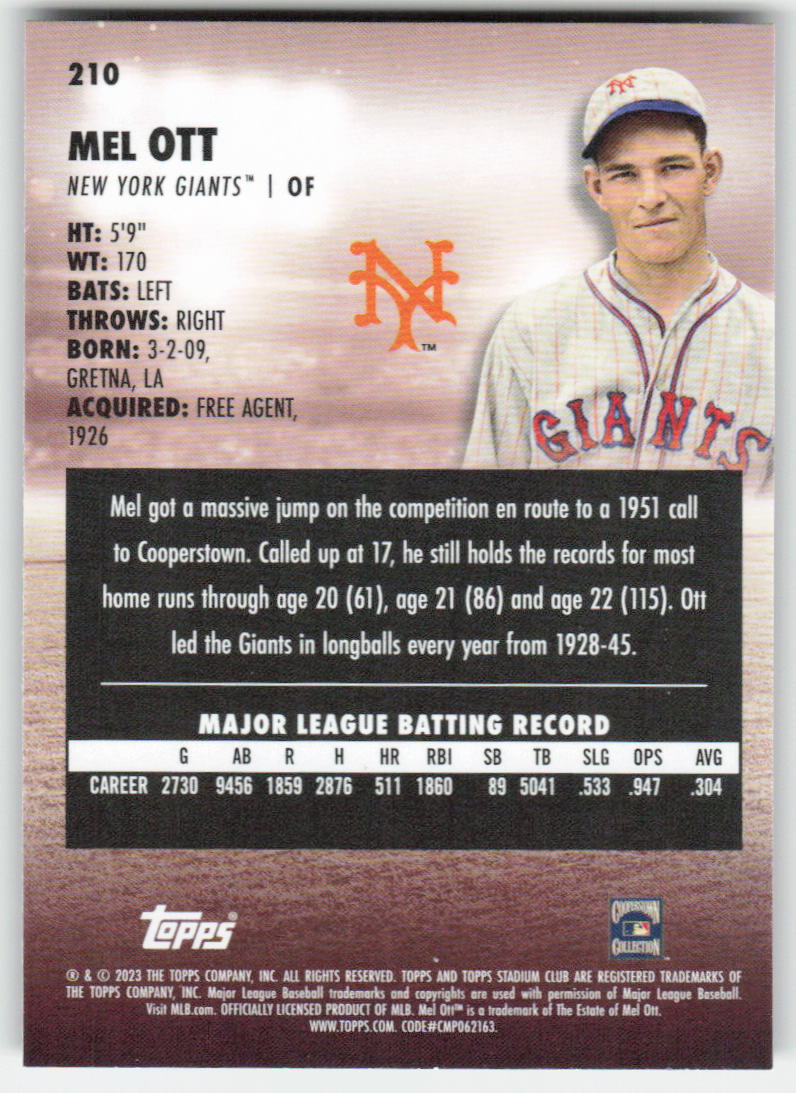2023 Stadium Club #210 Mel Ott New York Giants 973