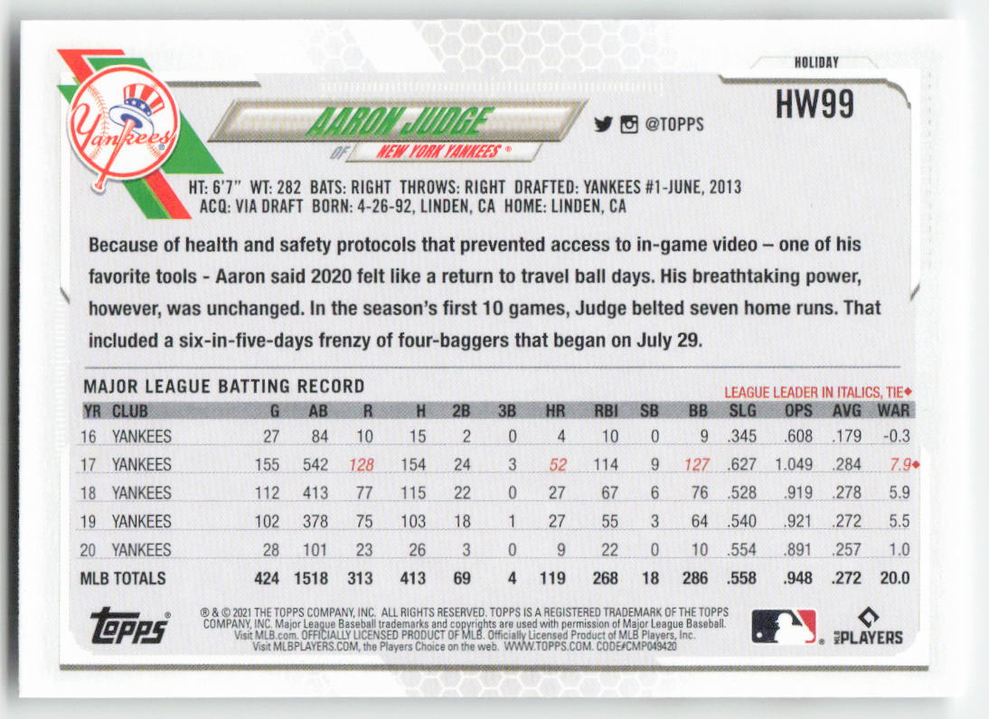 2021 Topps Holiday #HW99 Aaron Judge New York Yankees 1014