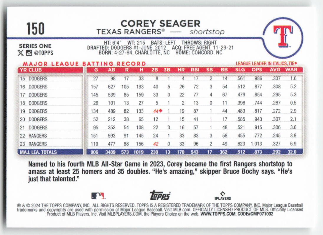 2024 Topps #150 Corey Seager Texas Rangers 1027