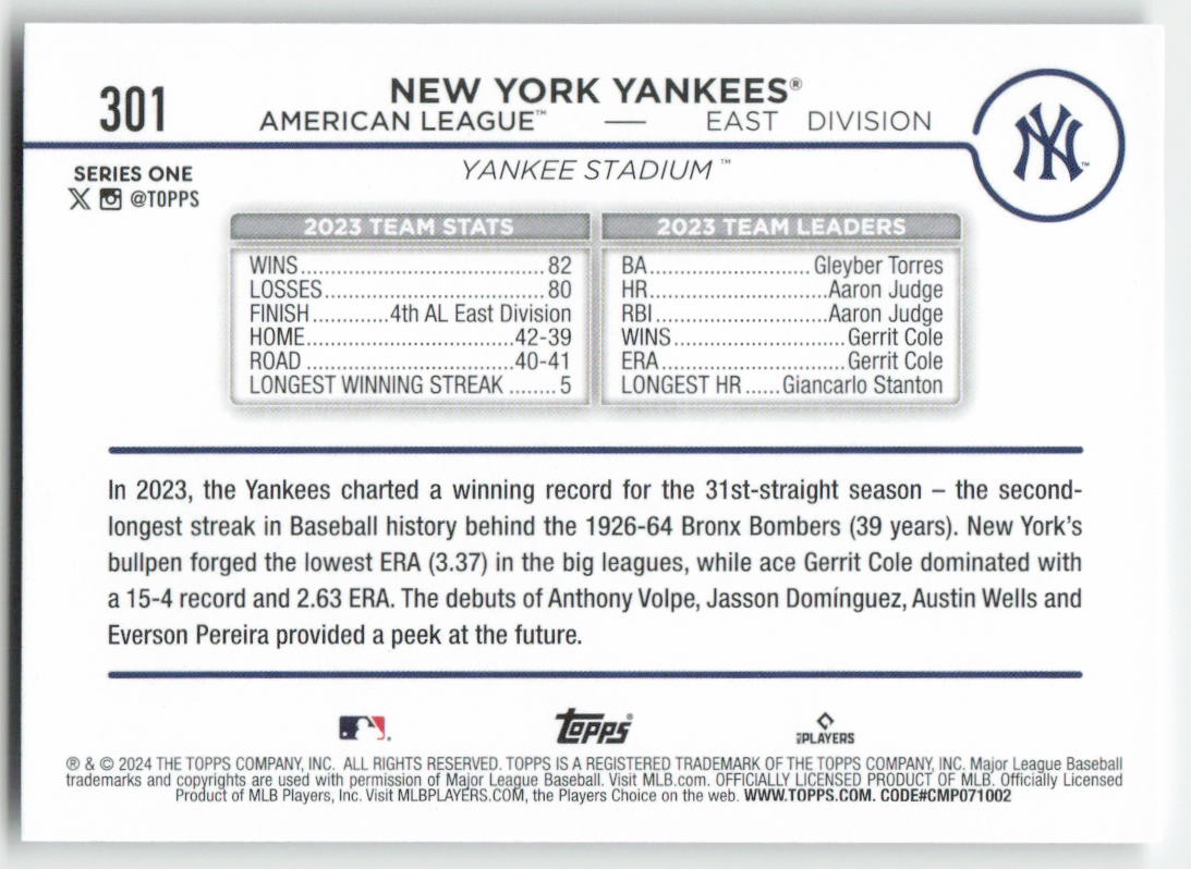 2024 Topps #301 New York Yankees 1030