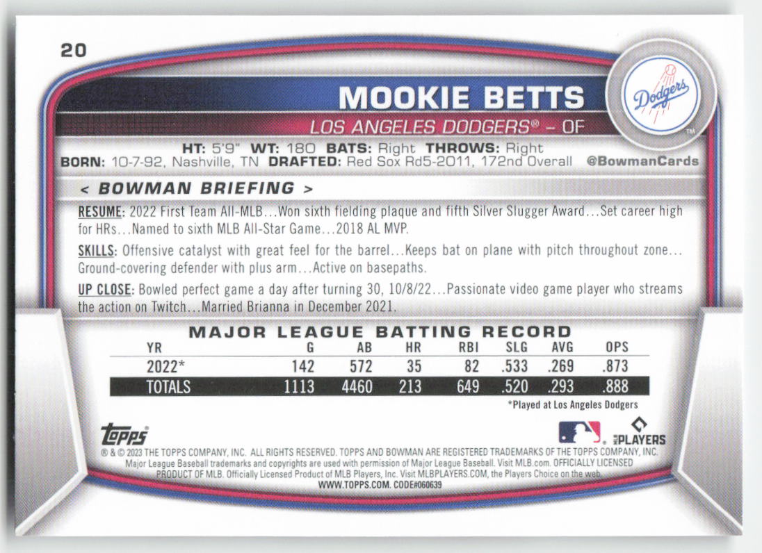 2023 Bowman #20 Mookie Betts Los Angeles Dodgers 1040