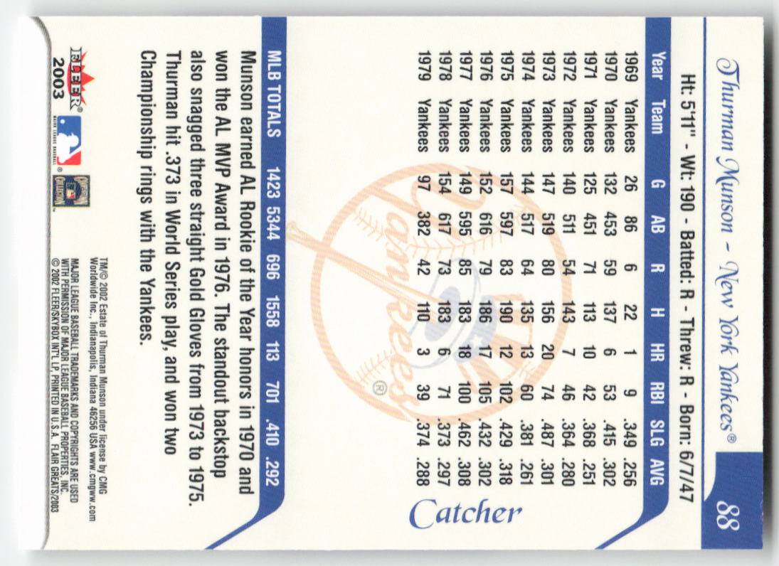 2003 Flair Greats #88 Thurman Munson New York Yankees 1056